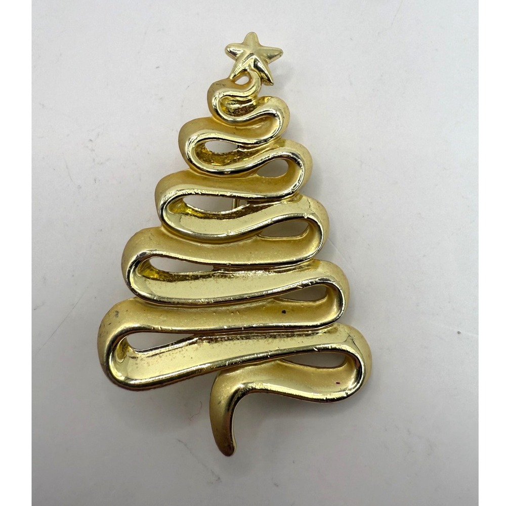 Vintage Gold Tone Christmas Tree Brooch Abstract Ribbon Tree Star Holiday Pin